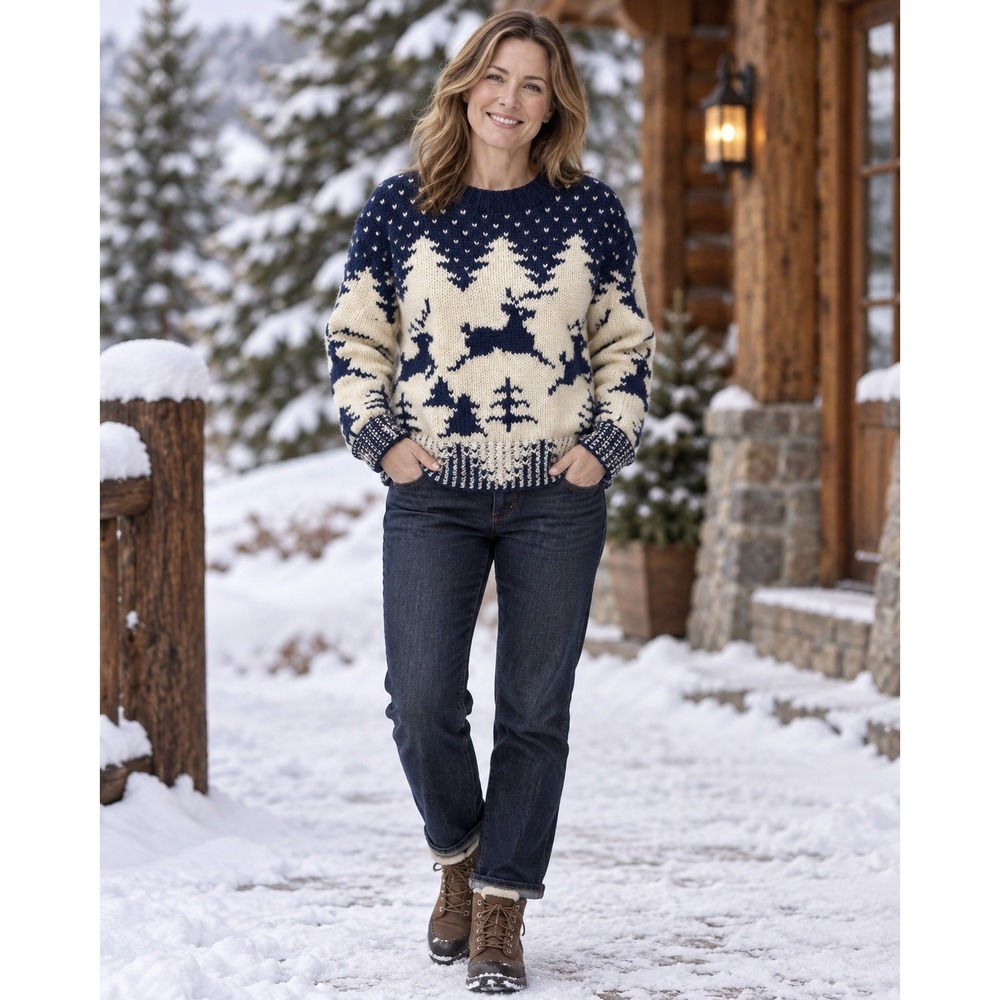 Vintage Woolrich Fair Isle Wool Sweater (M) Reindeer-Blue Cream-Nordic-Pullover
